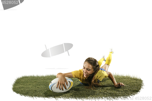 Image of The young female rugby player isolated on white backround