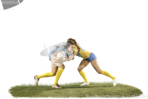 Image of The young female rugby players isolated on white backround