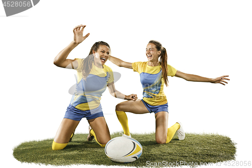 Image of The young female rugby players isolated on white backround