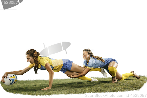 Image of The young female rugby players isolated on white backround