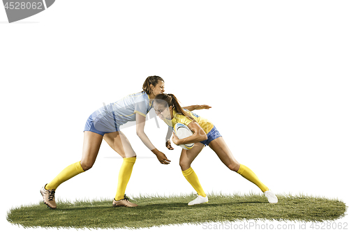 Image of The young female rugby players isolated on white backround