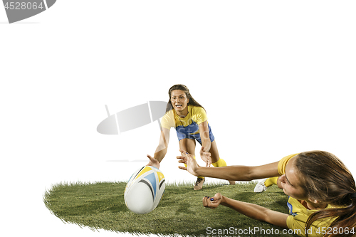 Image of The young female rugby players isolated on white backround