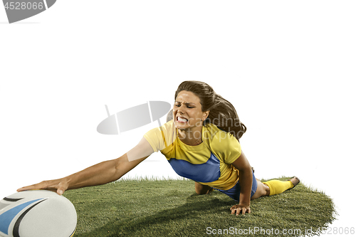 Image of The young female rugby player isolated on white backround