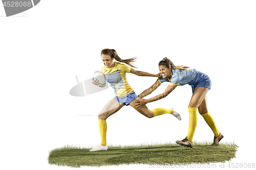 Image of The young female rugby players isolated on white backround