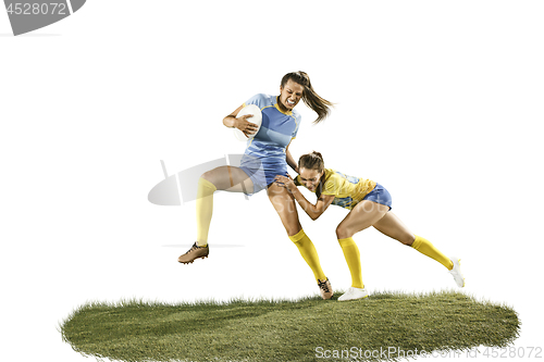 Image of The young female rugby players isolated on white backround