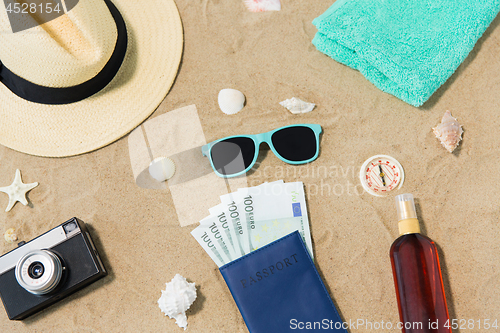 Image of money in passport, shades and hat on beach sand