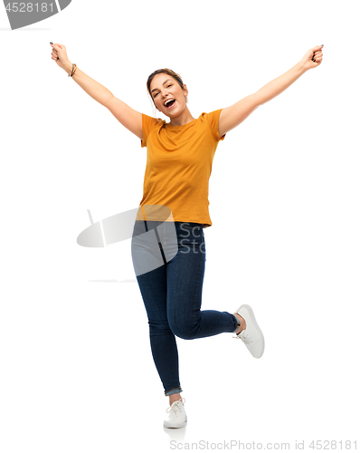 Image of happy young woman or teenage girl having fun