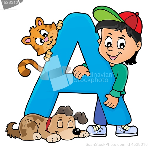 Image of Boy and pets with letter A