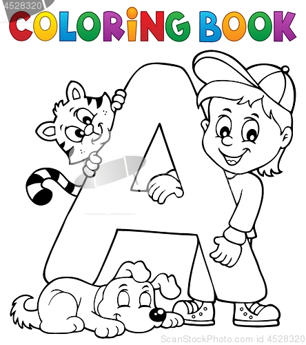 Image of Coloring book boy and pets by letter A