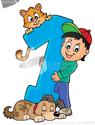 Image of Boy and pets with number one