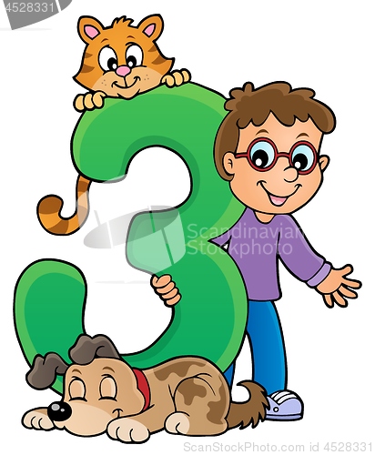 Image of Boy and pets with number three
