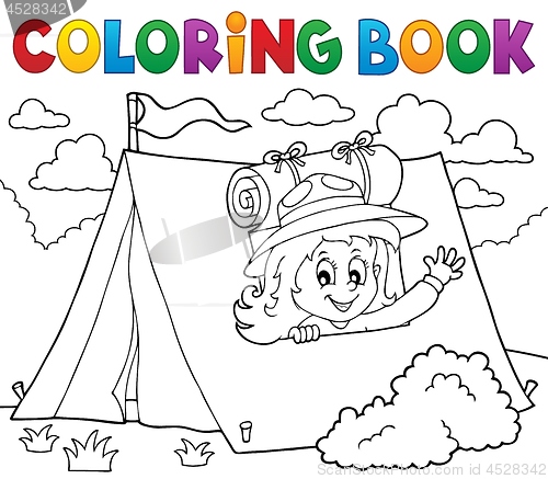 Image of Coloring book scout girl in tent 1