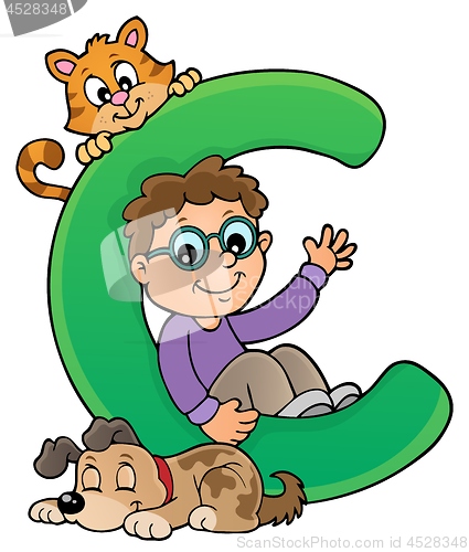 Image of Boy and pets with letter C