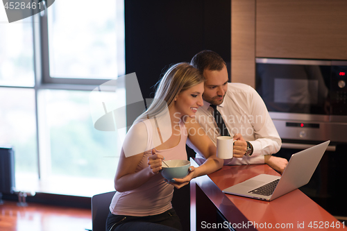 Image of A young couple is preparing for a job and using a laptop