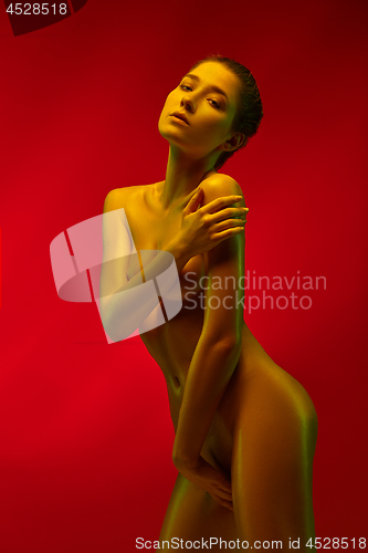 Image of fashion art photo of elegant nude model in the light colored spotlights