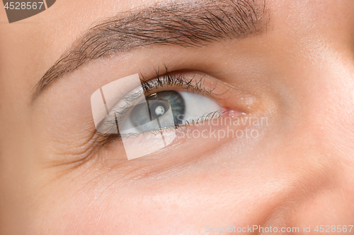 Image of The close up eye on face of young beautiful caucasian girl