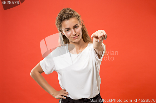 Image of The happy business woman point you and want you, half length closeup portrait