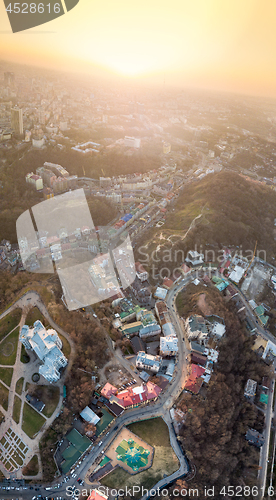 Image of A bird\'s eye view, aerial view shooting from drone of the Podol district, oldest historical center of Kiev, Ukraine.