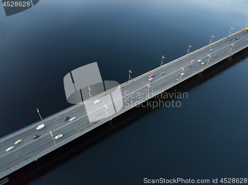 Image of Aerial view of North Bridge with cars and Dnipro river from above, city of Kyiv city, Ukraine