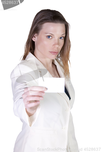 Image of Businesswoman Holding a Blank Business Card