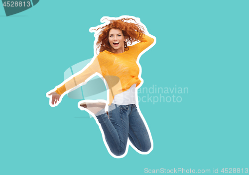 Image of smiling young woman jumping in air