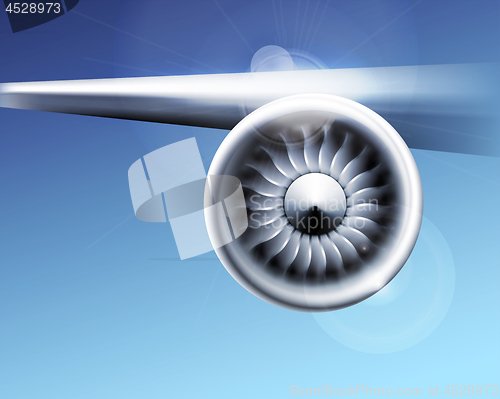 Image of Turbine engine jet for airplane with fan blades in a circular motion. Vector illustration for aircraft industry. Close-up on blue background