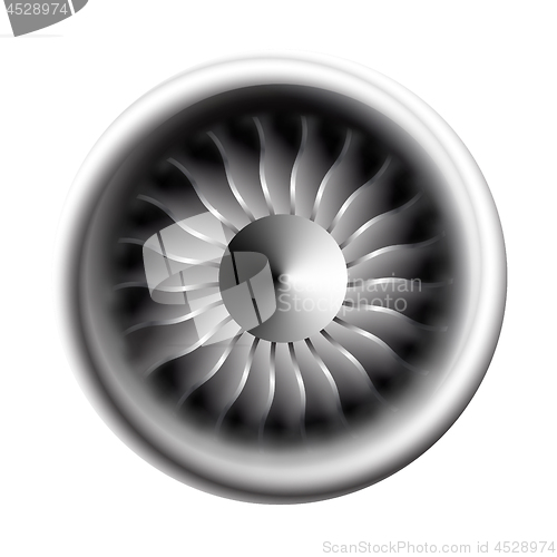 Image of Turbine engine jet for airplane with fan bladesin a circular motion. Vector illustration for aircraft industry. Close-up on a white