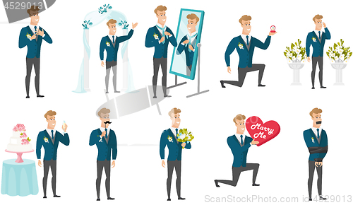 Image of Young caucasian groom vector illustrations set.