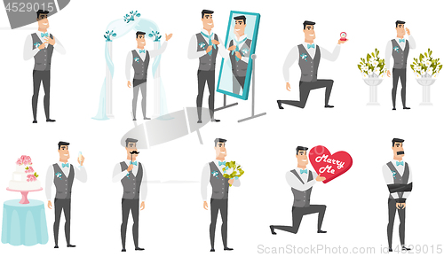 Image of Young caucasian groom vector illustrations set.