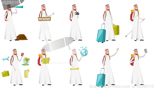 Image of Young muslim traveler man vector illustrations set