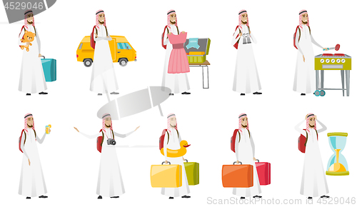 Image of Young muslim traveler man vector illustrations set