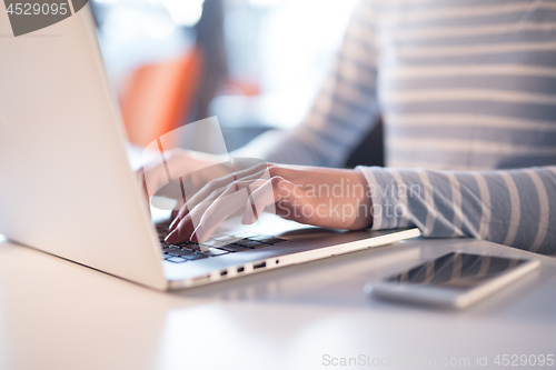 Image of businesswoman using a laptop in startup office