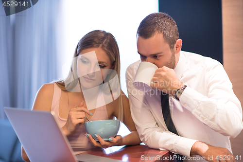 Image of A young couple is preparing for a job and using a laptop