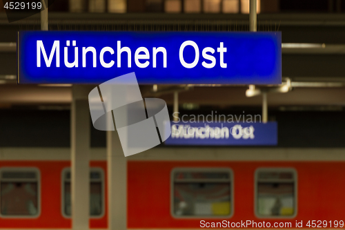 Image of München Ost or Ostbahnhof luminous sign on Munich eastern railw