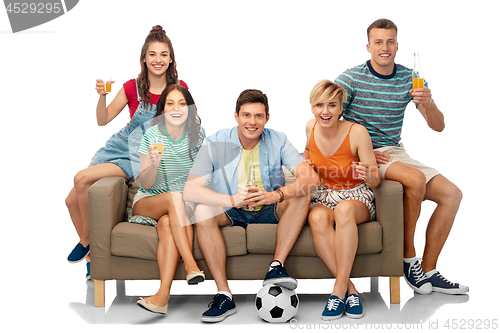 Image of friends or soccer fans with ball and drinks