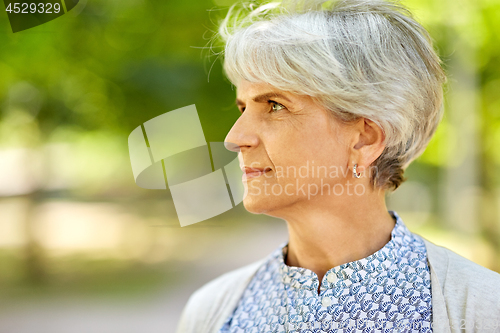 Image of portrait of senior woman at summer park