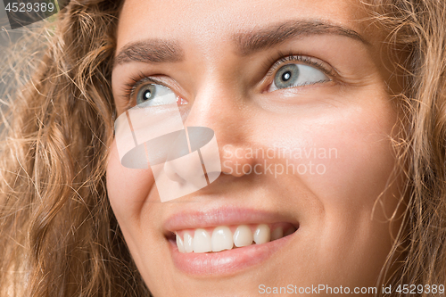 Image of The close up eyes on face of young beautiful caucasian girl