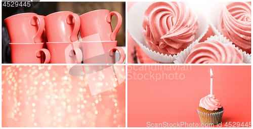 Image of party food collage in living coral color