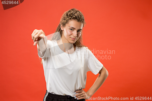 Image of The happy business woman point you and want you, half length closeup portrait