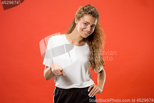 Image of The happy business woman point you and want you, half length closeup portrait