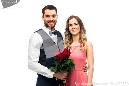 Image of couple with bunch of flowers on valentines day