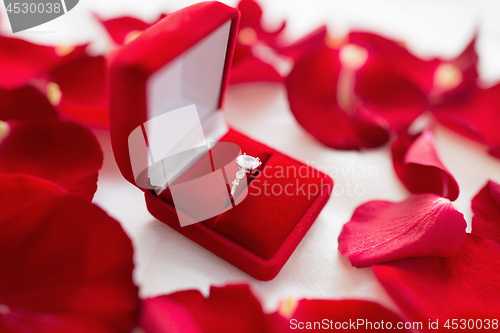 Image of diamond ring in red velvet gift box on bed sheet