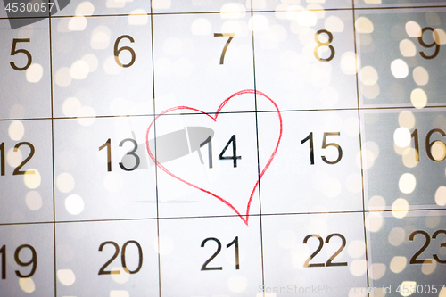 Image of close up of 14th february date in calendar