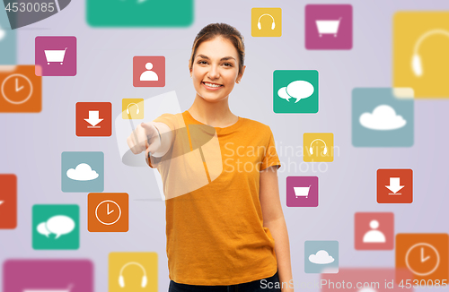 Image of teenage girl pointing at you over media icons