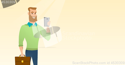 Image of Young caucasian businessman making selfie.