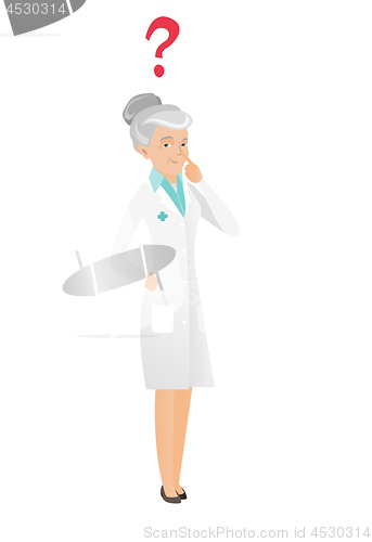 Image of Thinking senior doctor with question mark.