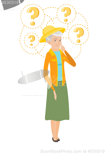 Image of Senior caucasian farmer with question marks.