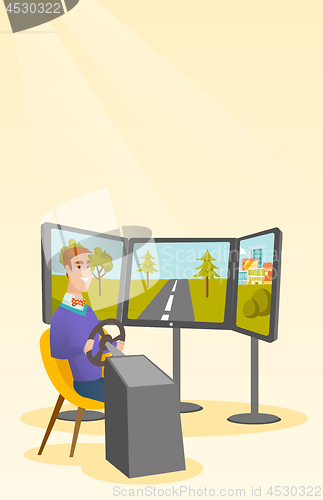 Image of Caucasian man playing video game with gaming wheel