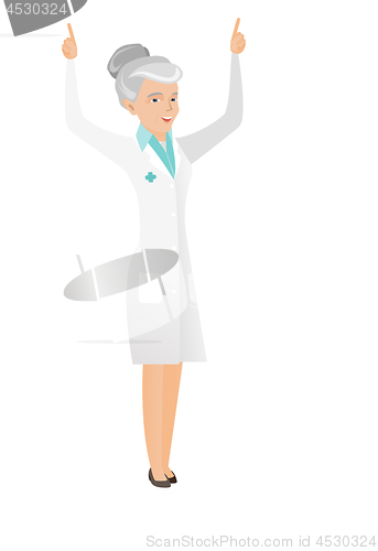 Image of Caucasian doctor standing with raised arms up.