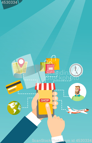 Image of Hands holding phone connected with shopping icons.